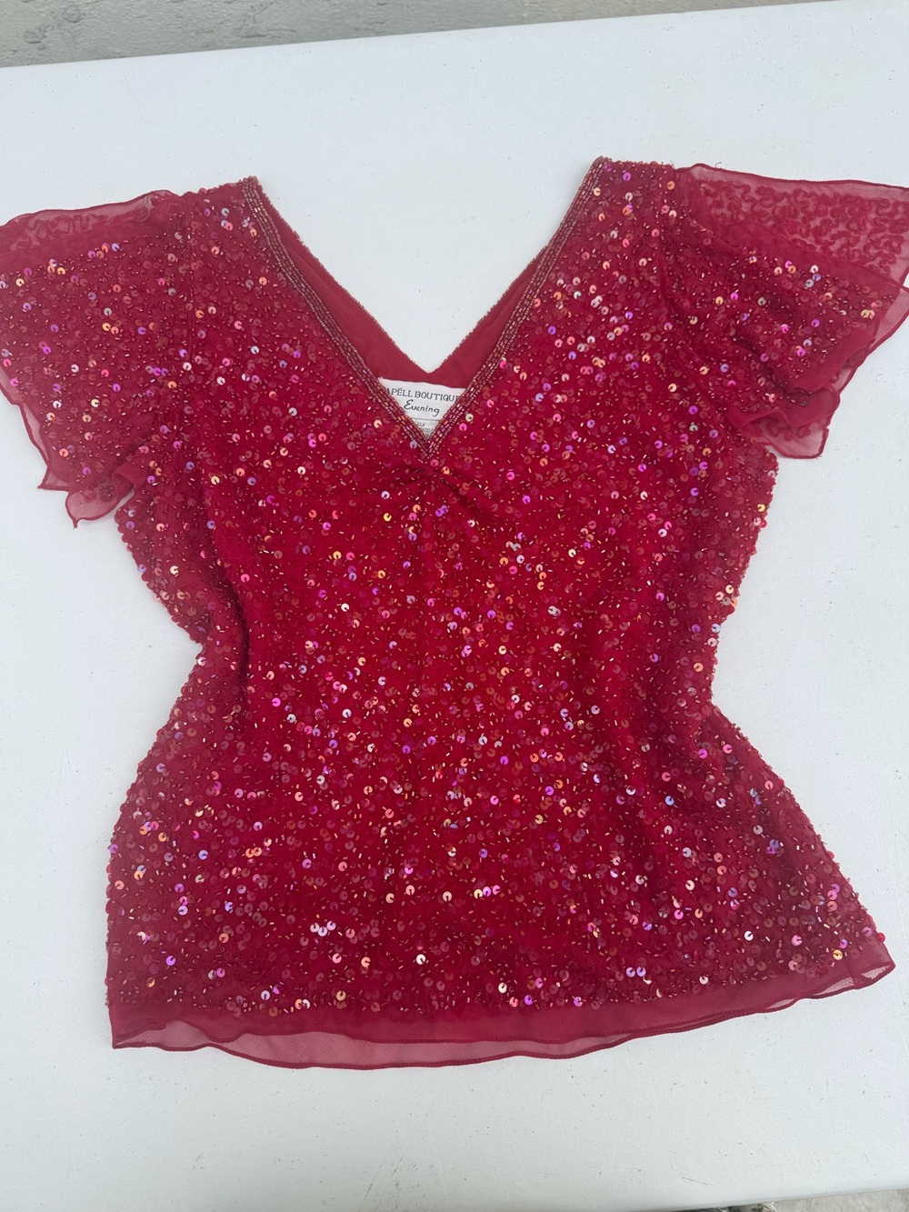 Vintage Papell Boutique Red Sequin/ Beaded V-Neck Flutter Sleeve Top